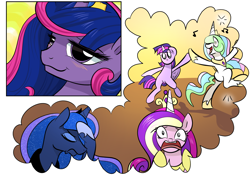 Size: 1800x1284 | Tagged: safe, artist:candyclumsy, princess cadance, princess celestia, princess luna, twilight sparkle, twilight sparkle (alicorn), oc, oc:queen galaxia, alicorn, pony, alicorn tetrarchy, blushing, cakelestia, commissioner:bigonionbean, confused, cropped, dancing, drunk, embarrassed, facehoof, frustrated, fusion, fusion:queen galaxia, happy, intoxicated, missing cutie mark, panicking, thought bubble, true love princesses