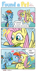 Size: 1634x3235 | Tagged: safe, artist:redapropos, fluttershy, rainbow dash, pegasus, pony, may the best pet win, bedroom eyes, blushing, collar, collaring, comic, dialogue, female, find a pet, flutterdash, flutterpet, heart, hilarious in hindsight, leash, lesbian, looking at each other, mare, open mouth, pet play, scene interpretation, shipping, smiling