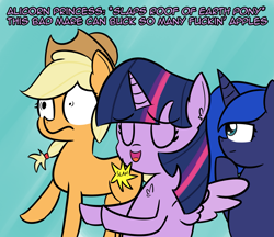 Size: 1773x1532 | Tagged: safe, artist:artiks, applejack, princess luna, twilight sparkle, twilight sparkle (alicorn), alicorn, earth pony, pony, applejack is a spankaholic, car salesman, meme, ponified meme, slap, slaps roof of car meme, spanking, vulgar