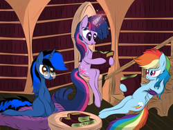 Size: 3072x2304 | Tagged: safe, artist:v-d-k, rainbow dash, twilight sparkle, oc, pegasus, pony, glasses, golden oaks library, library, reading, sleepover