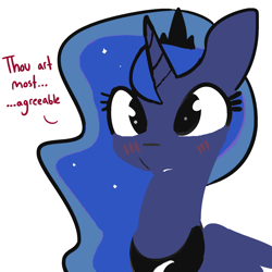 Size: 1650x1650 | Tagged: safe, artist:tjpones, color edit, edit, editor:childofthenight, princess luna, alicorn, pony, blushing, colored, compliment, cute, dialogue, eyelashes, female, horn, jewelry, lunabetes, mare, simple background, solo, tiara
