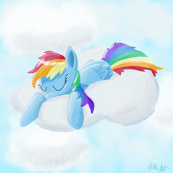 Size: 1000x1000 | Tagged: safe, artist:atomicduper, rainbow dash, pegasus, pony, cloud, cloudy, sleeping, solo