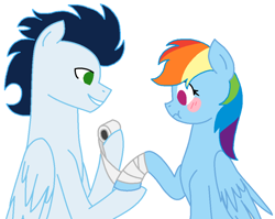 Size: 1024x817 | Tagged: safe, artist:iceagelover, derpibooru import, rainbow dash, soarin', pegasus, pony, bandage, blushing, female, male, shipping, soarindash, straight