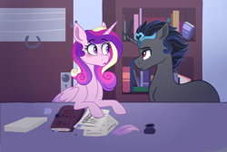 Size: 1046x701 | Tagged: safe, artist:saphi-boo, king sombra, princess cadance, alicorn, pony, unicorn, blushing, book, bookshelf, crown, eyebrows visible through hair, female, good king sombra, horn jewelry, infidelity, inkwell, jewelry, library, lidded eyes, looking at each other, male, mare, open mouth, quill, regalia, shipping, somdance, stallion, straight