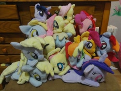 Size: 3128x2346 | Tagged: safe, artist:fallenpeach, artist:yukamina-plushies, derpibooru import, derpy hooves, fluttershy, pinkie pie, rainbow dash, scootaloo, twilight sparkle, pegasus, pony, beanie (plushie), female, irl, mare, photo, plushie, pony pile