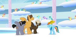 Size: 1280x720 | Tagged: safe, screencap, dizzy twister, dumbbell, hoops, lyra heartstrings, merry may, orange swirl, parasol, quarterback, rainbow dash, rainbowshine, sassaflash, score, spring melody, sprinkle medley, pegasus, pony, sonic rainboom (episode), background pony audience, billy, cloud, cloudiseum, cloudy, crown, duality, female, male, mare, stallion, wing wishes