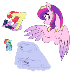 Size: 2249x2292 | Tagged: safe, artist:saphi-boo, apple bloom, princess cadance, rainbow dash, twilight sparkle, twilight sparkle (alicorn), alicorn, earth pony, pegasus, pony, alternative cutie mark placement, bedroom eyes, biting, blushing, cadash, eyebrows visible through hair, female, floppy ears, infidelity, lesbian, looking over shoulder, love bite, mare, older, shipping, simple background, soul bond au, soulmate marks, transparent background, twibloom