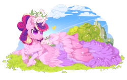 Size: 1577x996 | Tagged: safe, artist:rossignolet, princess cadance, alicorn, butterfly, pony, alternate hairstyle, beautiful, chest fluff, cloud, curly mane, cute, cutedance, daaaaaaaaaaaw, ear fluff, flower, flower in hair, fluffy, meadow, missing accessory, neck fluff, scenery, smiling, solo, unshorn fetlocks, wingding eyes