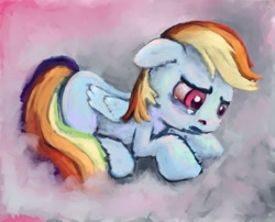 Size: 1200x971 | Tagged: safe, artist:hereticalrants, rainbow dash, pegasus, pony, cloud, female, on a cloud, prone, sad, solo