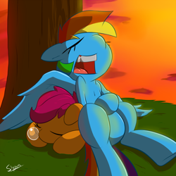 Size: 1200x1200 | Tagged: safe, artist:slypon, rainbow dash, scootaloo, pegasus, pony, female, filly, open mouth, sleeping, snot bubble, sunset, tree