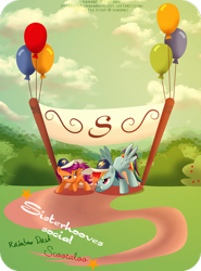 Size: 900x1219 | Tagged: safe, artist:tiffanymarsou, rainbow dash, scootaloo, pegasus, pony, sisterhooves social, balloon, baseball cap, hat, hilarious in hindsight, scene parody, scootalove