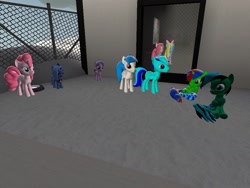 Size: 1024x768 | Tagged: safe, artist:nightmenahalo117, diamond tiara, pinkie pie, princess luna, oc, oc:latios the pegasus, oc:nightmena, alicorn, pony, 3d, alternate timeline, door, female, filly, gmod, nightmare takeover timeline, playtime, tired, window, woona, younger