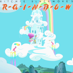 Size: 720x720 | Tagged: safe, artist:kawshee, derpibooru import, gummy, pinkie pie, rainbow dash, earth pony, pegasus, pony, album cover, female, hot air balloon, mare, parody, ponified, ponified album cover, rainbow, rainbow (band), rainbow dash's house, rainbow waterfall, twinkling balloon