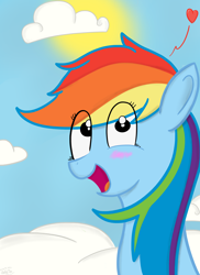 Size: 1700x2338 | Tagged: safe, artist:anthiflex, rainbow dash, pegasus, pony, cloud, cloudy, heart, solo, sun