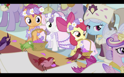 Size: 2880x1800 | Tagged: safe, screencap, apple bloom, princess cadance, scootaloo, sweetie belle, alicorn, bird, earth pony, pegasus, pony, unicorn, a canterlot wedding, basket, cute, cutealoo, cutie mark crusaders, female, filly, flower girl, mare, mouth hold