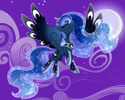 Size: 1024x819 | Tagged: safe, artist:sugaryicecreammlp, princess luna, alicorn, pony, cloud, colored wings, colored wingtips, eyes closed, female, flying, mare, moon, night, rainbow power, raised hoof, sky, solo, sparkles, spread wings, wings