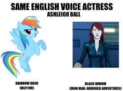 Size: 850x634 | Tagged: safe, derpibooru import, rainbow dash, pegasus, pony, ashleigh ball, black widow (marvel), cute, dashabetes, exploitable meme, feminism, iron man, iron man: armored adventures, marvel, meme, rainbow dash is best pony, rainbow sass, same voice actor, warrior dash, warriors