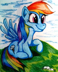 Size: 1322x1619 | Tagged: safe, artist:tomek2289, rainbow dash, pegasus, pony, blue coat, female, mare, multicolored mane, solo, traditional art