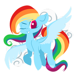 Size: 1024x1024 | Tagged: safe, artist:sallylapone, derpibooru import, rainbow dash, pegasus, pony, grin, heart eyes, lineless, looking at you, one eye closed, simple background, solo, wingding eyes, wink