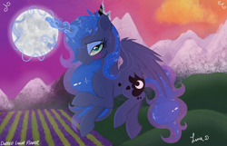 Size: 3500x2250 | Tagged: safe, artist:darkest-lunar-flower, princess luna, alicorn, pony, blushing, chest fluff, commission, eyelashes, eyeshadow, female, flying, lidded eyes, magic, magic aura, makeup, mare, moon, mountain, solo, wings