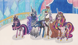 Size: 1280x738 | Tagged: safe, artist:draw1709, princess cadance, princess celestia, princess luna, twilight sparkle, twilight sparkle (alicorn), alicorn, pony, twilight's kingdom, alicorn tetrarchy, clothes, dress, traditional art, you'll play your part