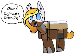 Size: 609x441 | Tagged: safe, artist:nootaz, oc, oc:looty, object pony, original species, loot box, overwatch, ponified, simple background, solo, speech, transparent background