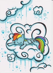 Size: 600x825 | Tagged: safe, artist:dinseyfreak, derpibooru import, rainbow dash, pegasus, pony, cloud, sleeping, solo