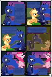 Size: 3254x4837 | Tagged: safe, artist:gutovi, applejack, pinkie pie, princess luna, alicorn, earth pony, pony, comic:why me!?, bed, broken window, comic, cushion, flashback, mare in the moon, moon, sweet apple acres, tree