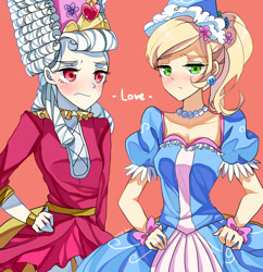 Size: 677x700 | Tagged: safe, artist:leab-lb, derpibooru import, applejack, rainbow dash, human, appledash, blushing, clothes, dress, female, humanized, lesbian, outfit, pixiv, shipping, too frilly