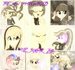 Size: 480x444 | Tagged: safe, artist:mlp_sugar_zap, artist:xebck, derpibooru import, applejack, fluttershy, indigo zap, rainbow dash, rarity, sugarcoat, sunset shimmer, equestria girls, friendship games, crystal prep shadowbolts, headphones, monochrome, star butterfly, star vs the forces of evil, wondercolts