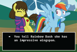 Size: 1024x684 | Tagged: safe, artist:radiantrealm, derpibooru import, rainbow dash, pegasus, pony, crossover, crossover shipping, female, flirting, frisk, lip bite, mare, ponified, shipping, show accurate, undertale, wingboner