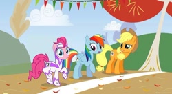 Size: 960x523 | Tagged: safe, derpibooru import, edit, edited screencap, screencap, applejack, fili-second, pinkie pie, rainbow dash, earth pony, pegasus, pony, power ponies (episode), power ponies, running of the leaves