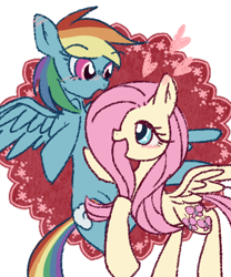 Size: 500x600 | Tagged: safe, artist:kemonomo, derpibooru import, fluttershy, rainbow dash, pegasus, pony, blushing, female, flutterdash, heart, lesbian, shipping