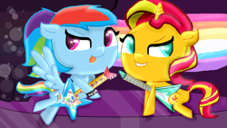 Size: 1920x1080 | Tagged: safe, artist:faic dashie, derpibooru import, rainbow dash, sunset shimmer, pony, equestria girls, friendship through the ages, bracelet, cute, dashabetes, electric guitar, flying v, guitar, lip bite, ponytail, shimmerbetes, stage, sunset shredder, sunsetdash, tongue out