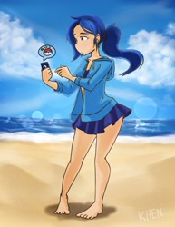 Size: 2550x3300 | Tagged: safe, artist:kprovido, princess luna, human, barefoot, beach, cellphone, clothes, cute, feet, female, hoodie, humanized, legs, miniskirt, phone, pokémon, pokémon go, ponytail, skirt, smartphone, summer