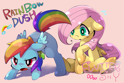 Size: 800x541 | Tagged: safe, artist:nekokarashi, fluttershy, rainbow dash, pegasus, pony, crying, cute, dashabetes, engrish, female, filly, floppy ears, flutterdash, glare, lesbian, open mouth, pixiv, rainbow dush, raised hoof, shipping, shyabetes, sitting, wide eyes, younger