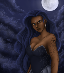 Size: 886x1016 | Tagged: safe, artist:comsing8, princess luna, human, breasts, cleavage, ear piercing, earring, female, humanized, jewelry, moon, night, piercing, solo