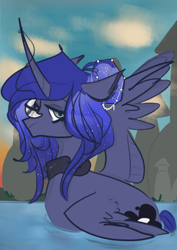 Size: 540x764 | Tagged: safe, artist:incapacitatedvixen, princess luna, alicorn, duck pony, pony, castle, curved horn, female, folded wings, horn, mare, moonbutt, royalty, solo, sparkle, sunset, swimming, water, water fowl