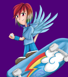 Size: 1500x1700 | Tagged: safe, artist:poisonicpen, rainbow dash, humanized, simple background, skateboard, solo, winged humanization