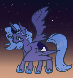 Size: 540x576 | Tagged: safe, artist:incapacitatedvixen, princess luna, alicorn, pony, female, hoof shoes, mare, royalty, s1 luna, side view, solo, sparkle, spread wings, sunset, wings