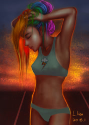 Size: 764x1080 | Tagged: safe, artist:float-cloud, derpibooru import, rainbow dash, human, armpits, clothes, humanized, panties, solo, sports bra, underwear