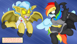 Size: 3152x1824 | Tagged: safe, artist:blackbewhite2k7, derpibooru import, doctor fauna, rainbow dash, pegasus, pony, batarang, batman, batmare, chase, crossover, flying, manbat, sketch, wip