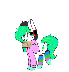 Size: 940x980 | Tagged: safe, artist:nootaz, oc, oc only, oc:mints, earth pony, pony, 2019 community collab, clothes, derpibooru community collaboration, sign, simple background, socks, solo, striped socks, transparent background