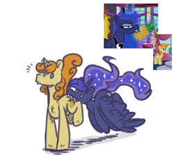 Size: 1852x1768 | Tagged: safe, artist:anotherdeadrat, princess luna, alicorn, pony, unicorn, a royal problem, canterlot boutique, background pony, biting, butt bite, cutie mark, duo, ethereal mane, female, food, mare, nom, pineapple, sharp teeth, shocked, starry mane, teeth, tropical sunrise