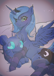 Size: 2150x3035 | Tagged: dead source, safe, artist:kkuyo, princess luna, alicorn, pony, bed, blushing, clothes, female, mare, plot, plushie, s1 luna, smiling, socks, solo, striped socks