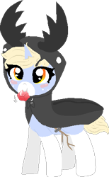 Size: 287x466 | Tagged: safe, artist:nootaz, oc, oc:nootaz, pony, unicorn, :t, clothes, costume, cute, eating, female, horns, mare, mouth hold, nom, nootabetes, puffy cheeks, simple background, smiling, solo, stag beetle, transparent background