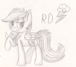 Size: 1353x1197 | Tagged: safe, artist:suplolnope, rainbow dash, pegasus, pony, monochrome, sketch, solo