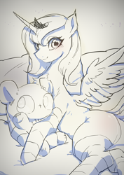 Size: 2150x3035 | Tagged: safe, artist:kkuyo, princess luna, alicorn, pony, bed, blushing, clothes, female, mare, plot, plushie, s1 luna, smiling, socks, solo, striped socks