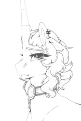 Size: 859x1279 | Tagged: safe, artist:nightmare-moons-throneroom, princess luna, alicorn, pony, alternate hairstyle, black and white, collar, ear piercing, earring, equalized, female, grayscale, jewelry, long horn, looking at you, mare, monochrome, piercing, simple background, sketch, solo, white background