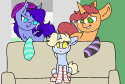 Size: 940x630 | Tagged: safe, artist:nootaz, oc, oc:amplitude, oc:game guard, oc:nootaz, bat pony, pony, unicorn, bat pony oc, beanie, chest fluff, clothes, gametaz, hat, meme, piper perri surrounded, sitting, socks, sofa, striped socks